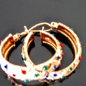 14kt Solid gold Earrings 2cm Round, 6 mm Wide, with emerald, Ruby, Saphires, 3g